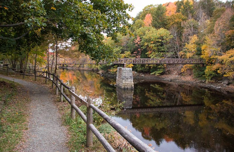 photo of walking bridge over river in autumn