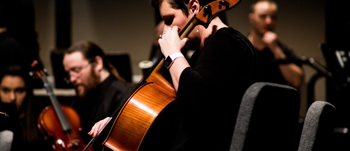 photo of woman playing stringed instrument in a symphony