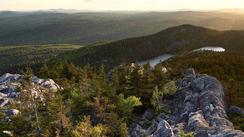 photo of maine mountain forest and lake at sunrise